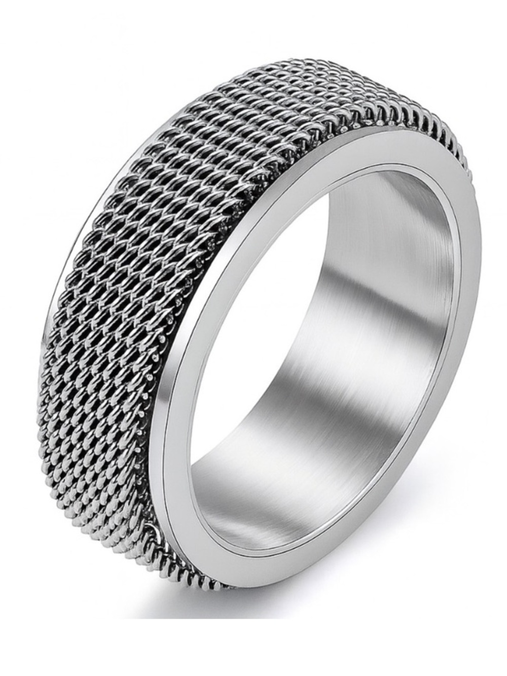 Stainless Steel Spinner Ring - Wide Mesh Band Fidget Ring - Silver Textured Band